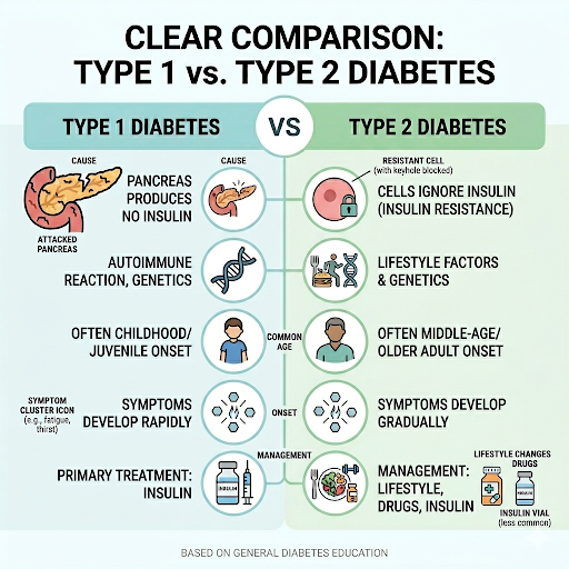 A simple infographic showing the difference between Type 1 and Type 2 diabetes