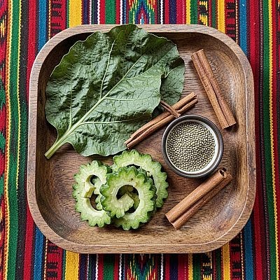 A flat-lay image of bitter leaf, bitter melon, fenugreek seeds, and cinnamon sticks arranged together