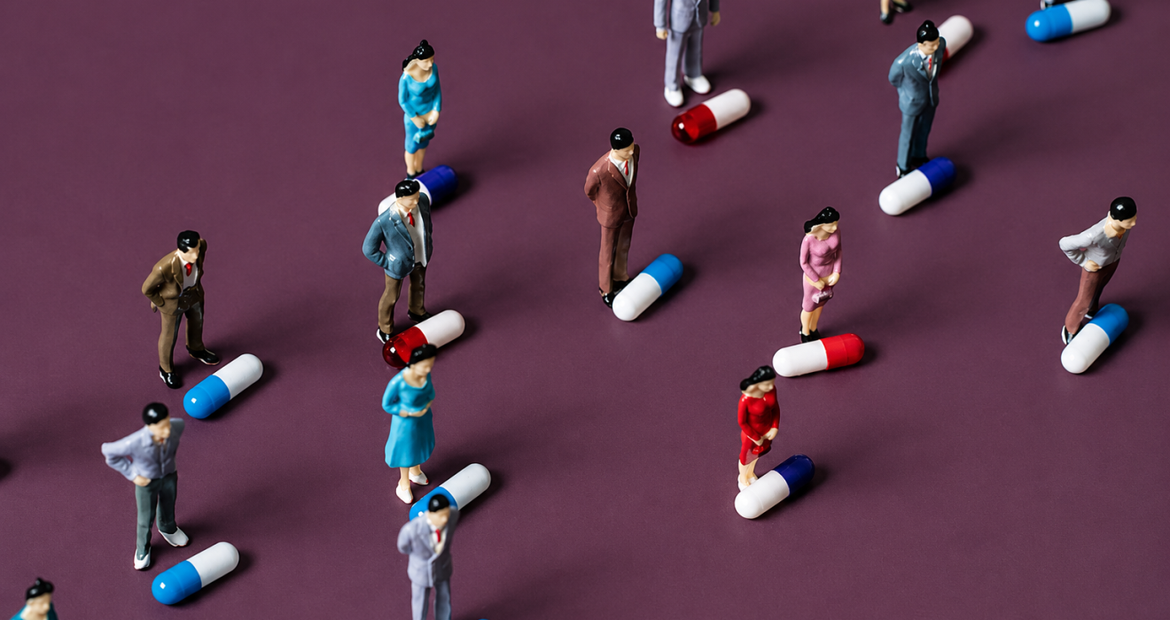 Miniature figures standing among colorful medical capsules illustrating the global scale of antibiotic resistance.