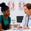 A young woman discussing her mental health with her doctor.