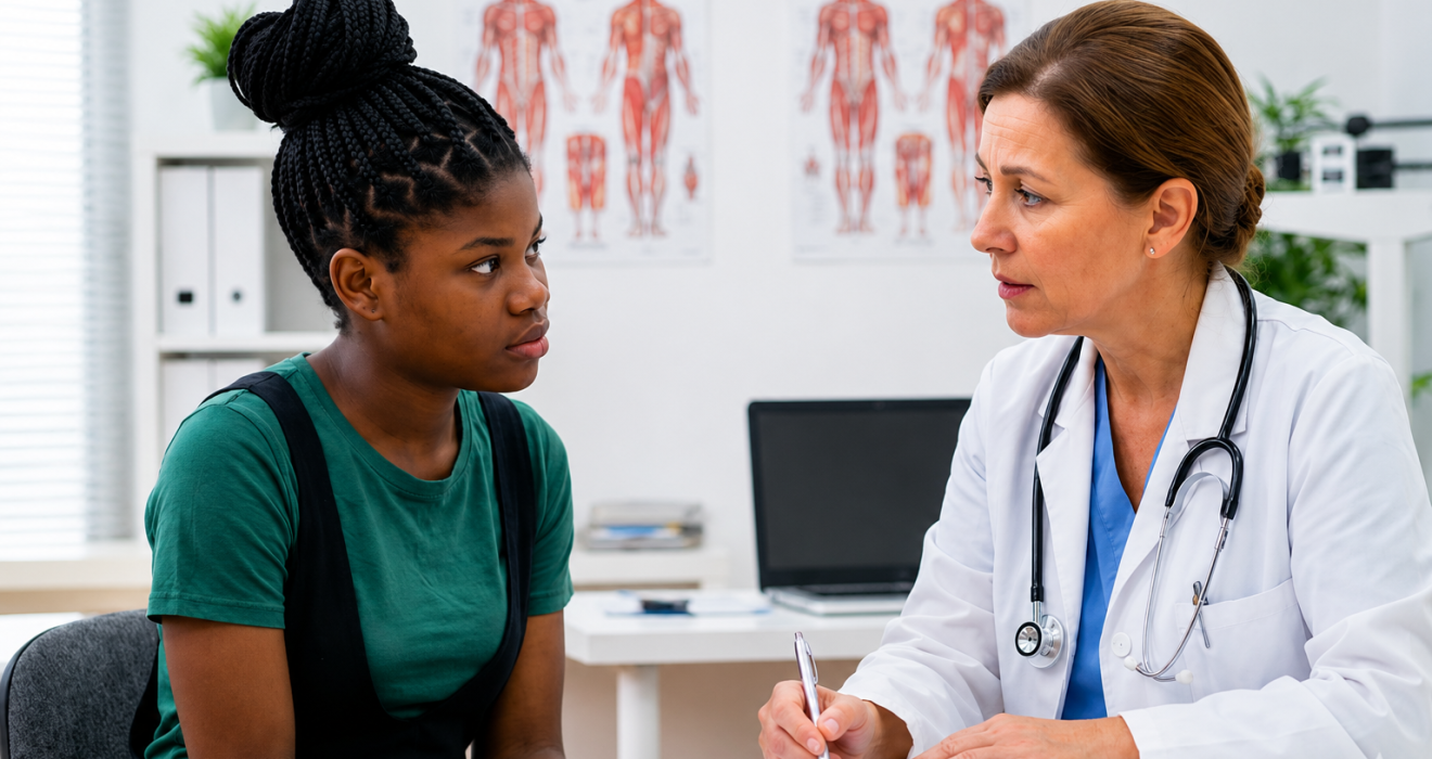 A young woman discussing her mental health with her doctor.