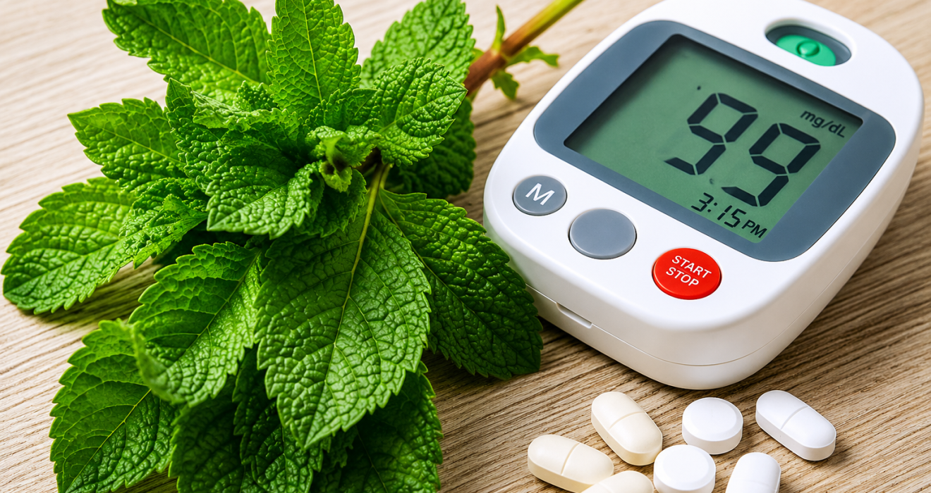A close-up image of fresh bitter leaf (Vernonia amygdalina) alongside a blood glucose monitor and medication tablets on a wooden surface