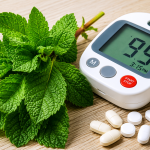 A close-up image of fresh bitter leaf (Vernonia amygdalina) alongside a blood glucose monitor and medication tablets on a wooden surface