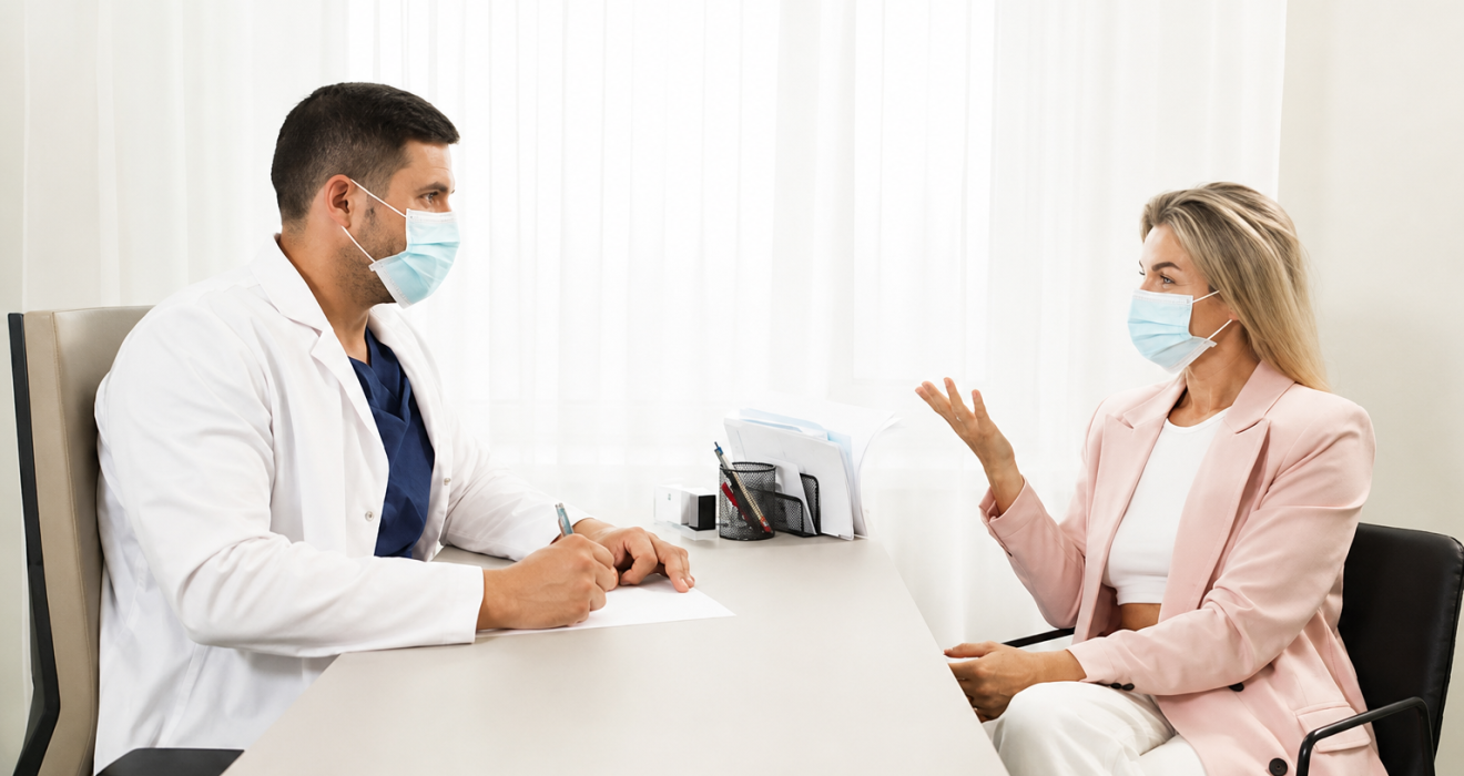 A patient and doctor in calm, face-to-face consultation.