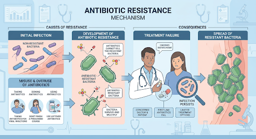 Antibiotic resistance caused by misuse of antibiotics. Image credit: Adobe Firefly